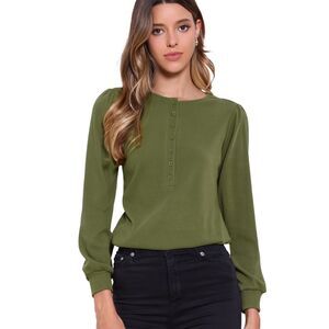 Long Sleeve Ribbed Knit Casual Crew Neck Button Down Tee Shirt Green